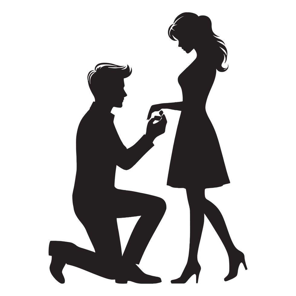 Silhouette of a man kneeling down to propose to a woman vector