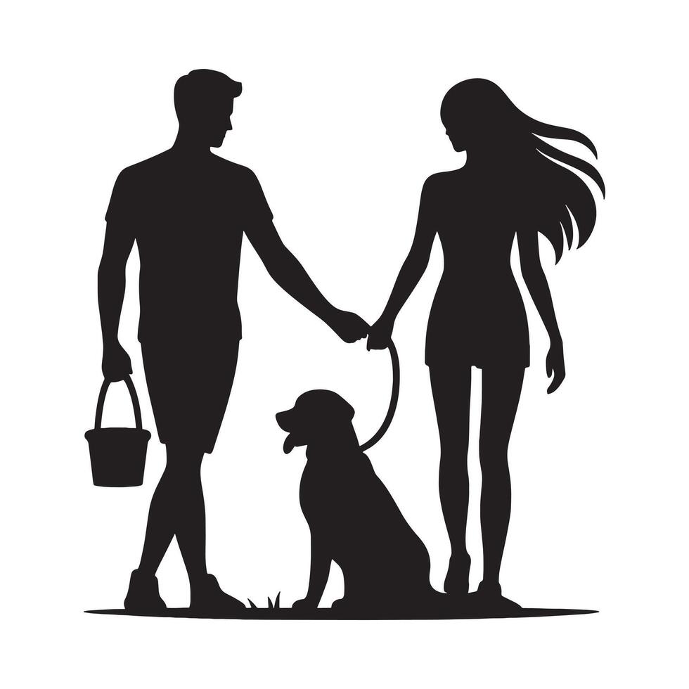 Silhouette of a couple with a dog vector