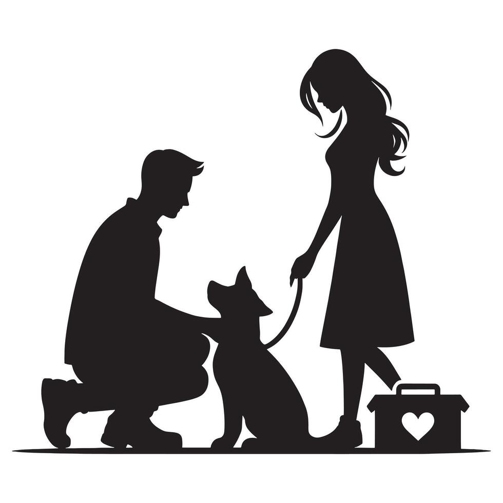 Silhouette of a man and woman with a dog vector
