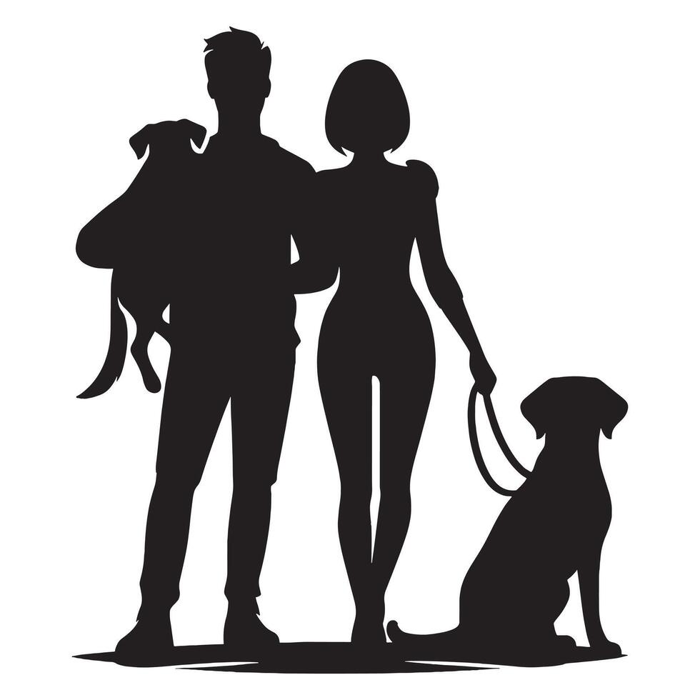 Silhouette of a couple with their dog vector