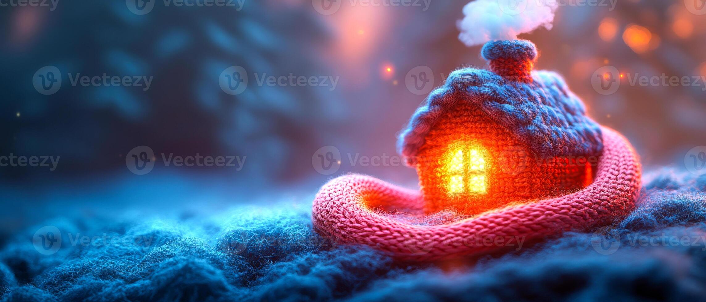 A house made of yarn is sitting on a snowy hill. Warm house. The house is lit up with a light inside, giving it a cozy and warm feeling photo