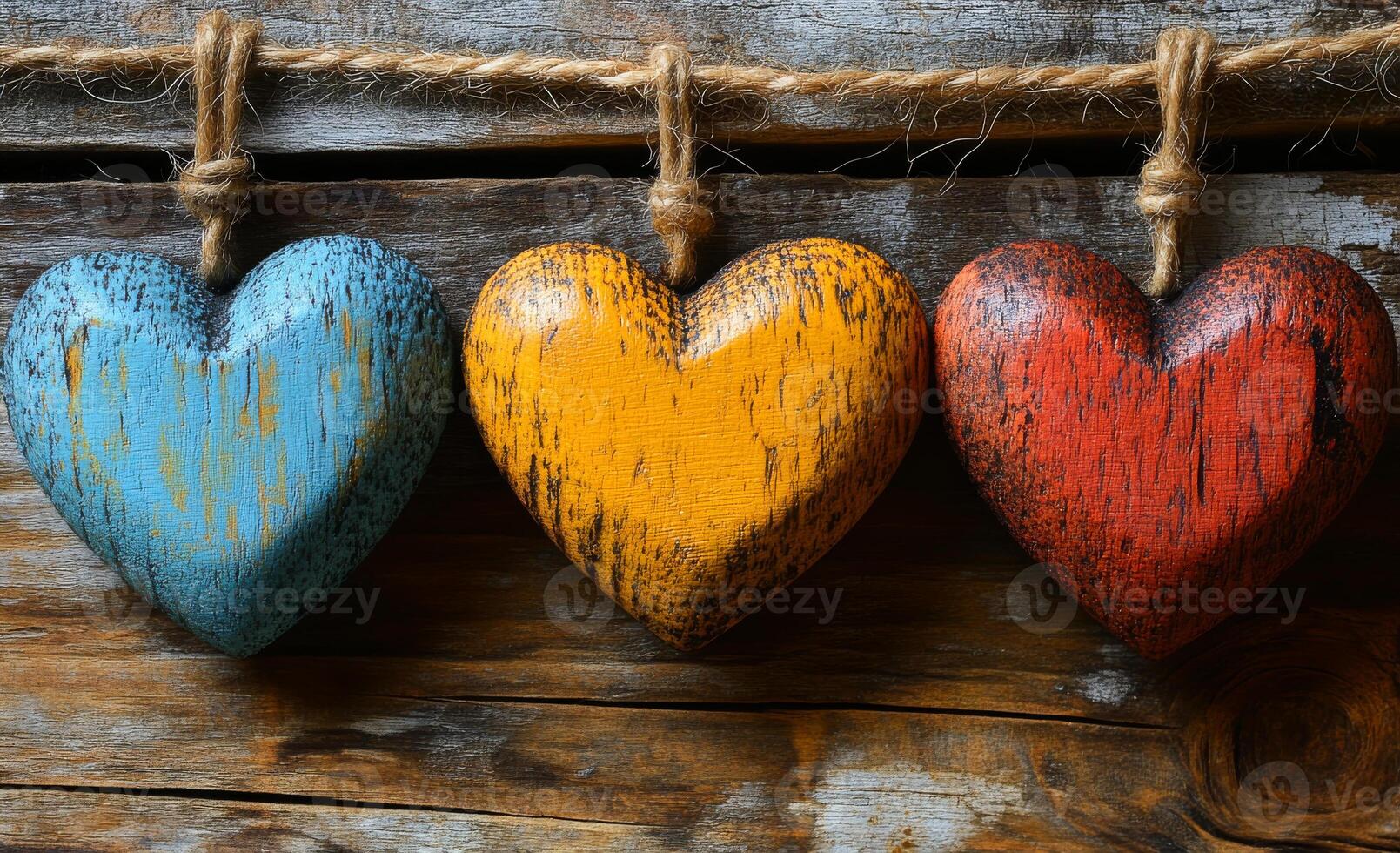 Three wooden hearts are hanging from a rope, with one blue, one yellow, and one red. The hearts are old and worn, giving the scene a nostalgic and sentimental feel photo