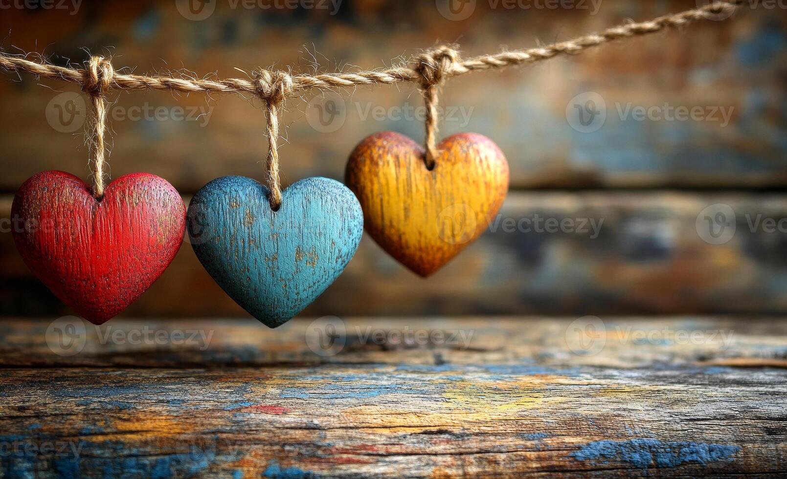 Three wooden hearts hanging from a rope on a wooden surface. The hearts are different colors, with one being red, one being blue, and one being yellow. Concept of warmth and love photo