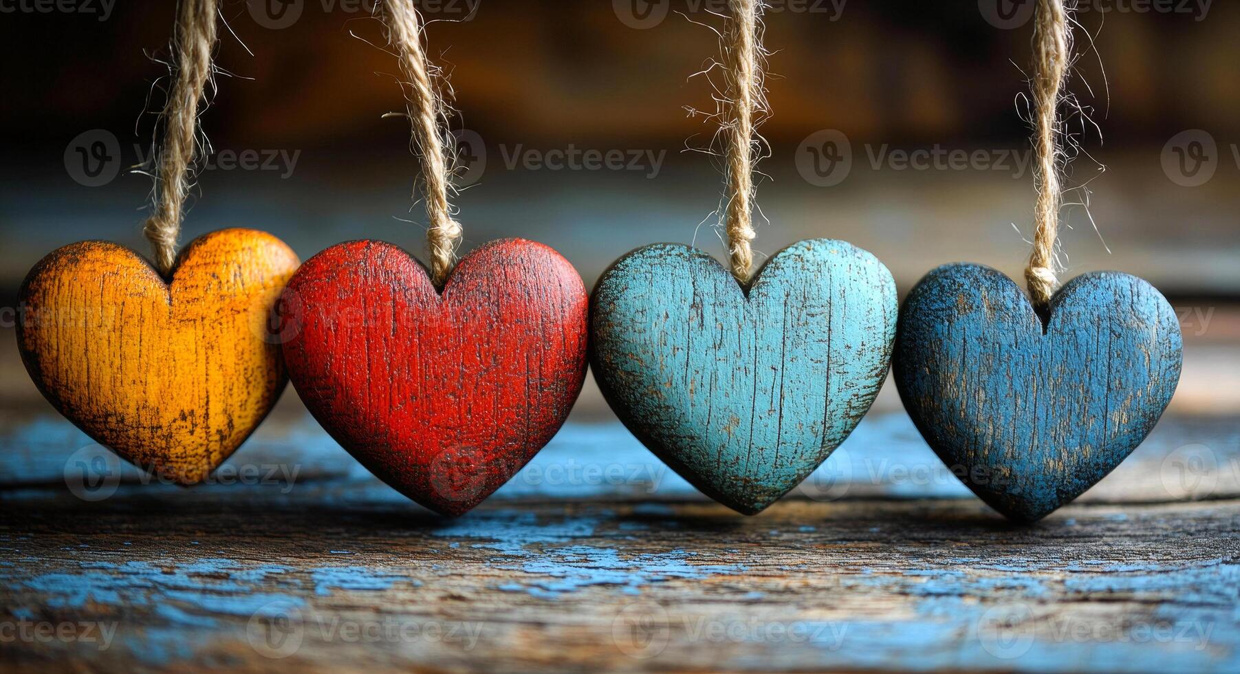 Four wooden hearts hanging from a rope, each with a different color. The blue heart is the largest and the red heart is the smallest. The other two hearts are yellow and green photo