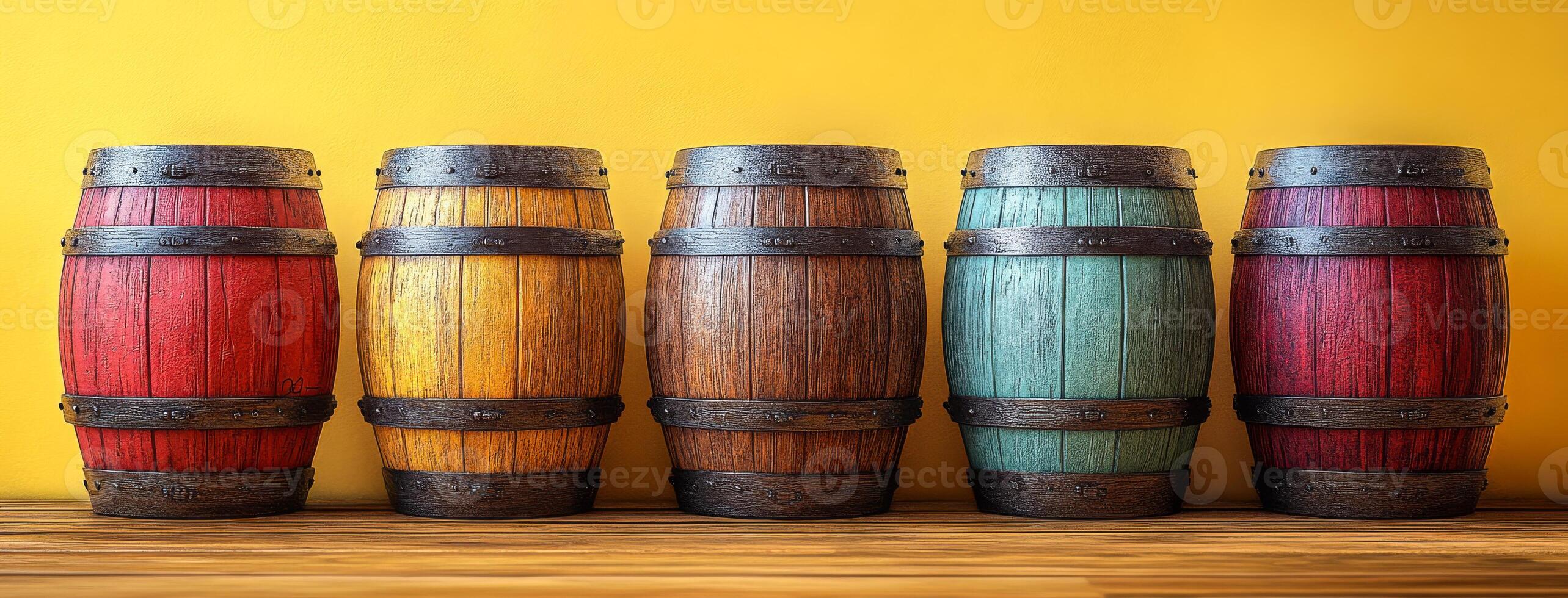 A row of wooden barrels with different colors and sizes. The barrels are arranged in a line on a wooden shelf photo