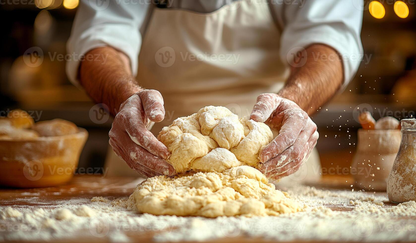 A man is kneading dough on a table. The dough is white and has a slightly sticky texture. The man is wearing an apron and has flour on his hands. The scene is set in a kitchen photo