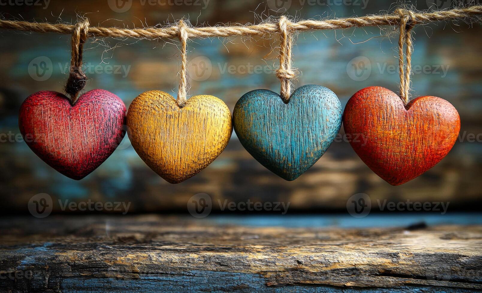 Four wooden hearts hanging from a rope. The hearts are of different colors and sizes. The rope is tied to the wall photo