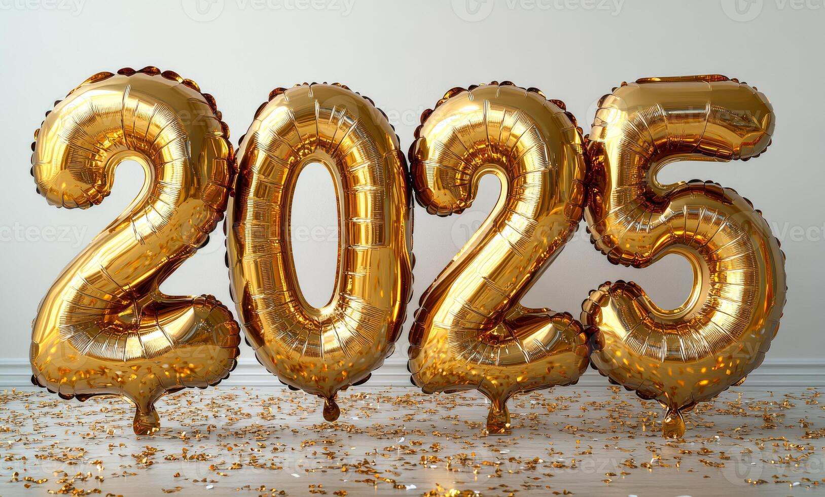 A bunch of balloons with the numbers 2025. The balloons are gold and are scattered on the floor photo