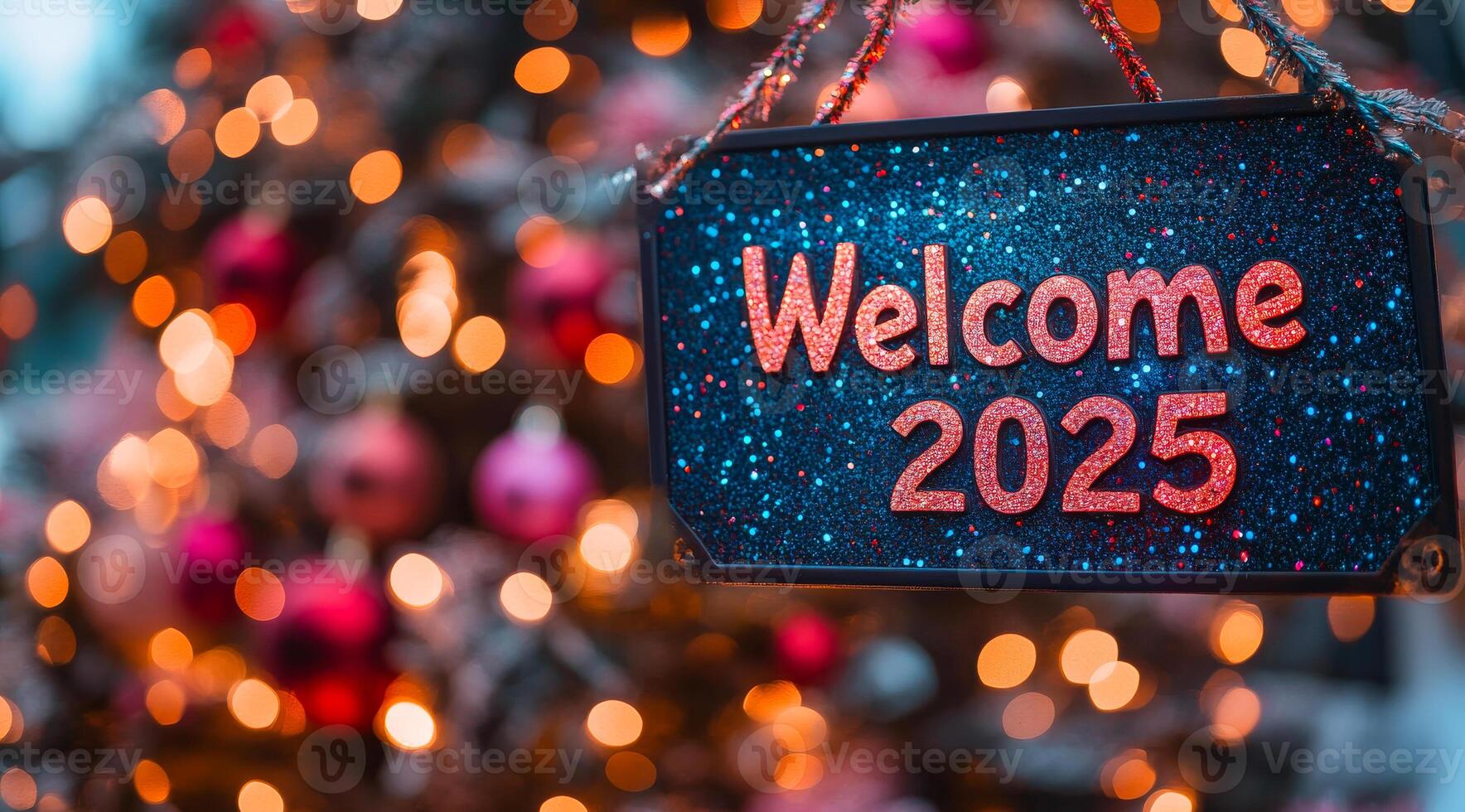 A sign that says Welcome 2025 hangs above a Christmas tree. The sign is surrounded by a lot of lights, which creates a festive and welcoming atmosphere photo