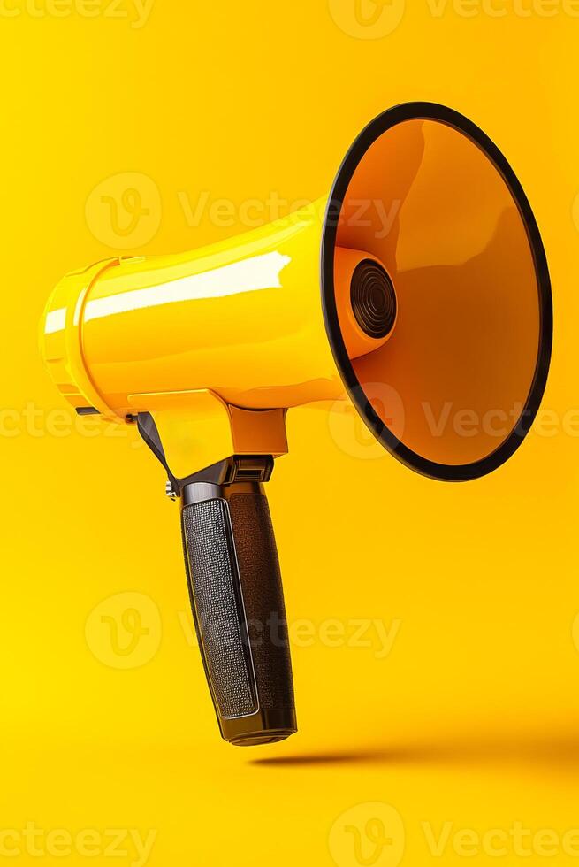 A yellow microphone with a black handle is on a yellow background. The microphone is turned off and is not in use photo