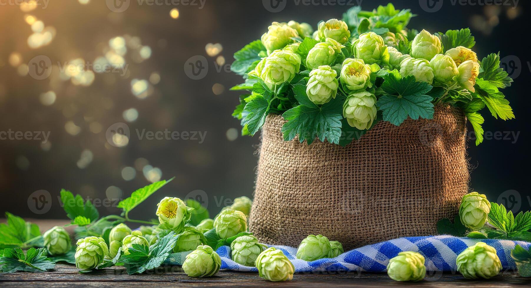 Harvested green hop cones in a linen sack on a rustic wooden table surface. Oktoberfest beer concept. Brewery product background. photo