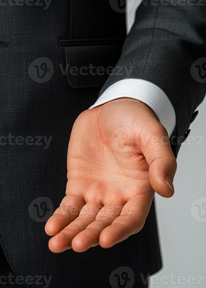 A man in a suit is holding his hand up, possibly to show something to someone. Concept of professionalism and formality, as the man is dressed in a suit and tie photo