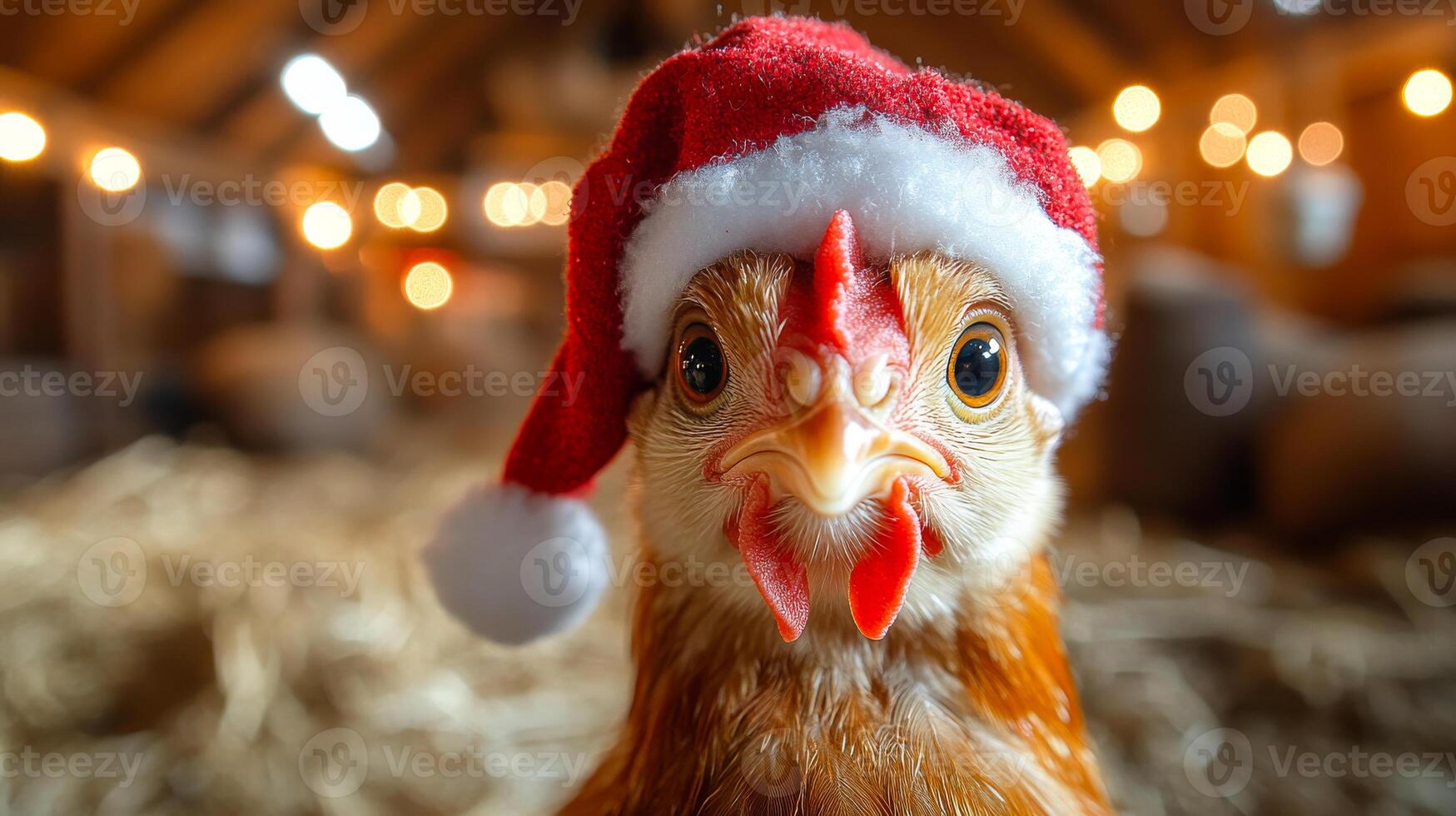 A chicken wearing a Santa hat is standing in a barn. The image has a festive and playful mood, as the chicken is dressed up in a hat and he is enjoying the holiday season photo
