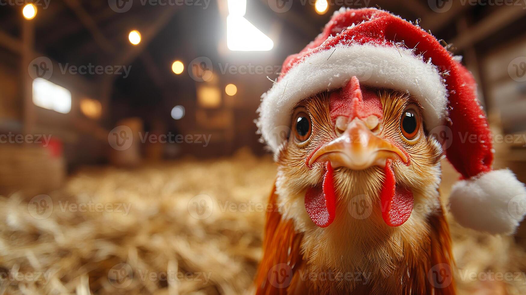 A chicken wearing a Santa hat is standing in a barn. The image has a festive and playful mood, as the chicken is dressed up in a hat and he is enjoying the holiday season photo