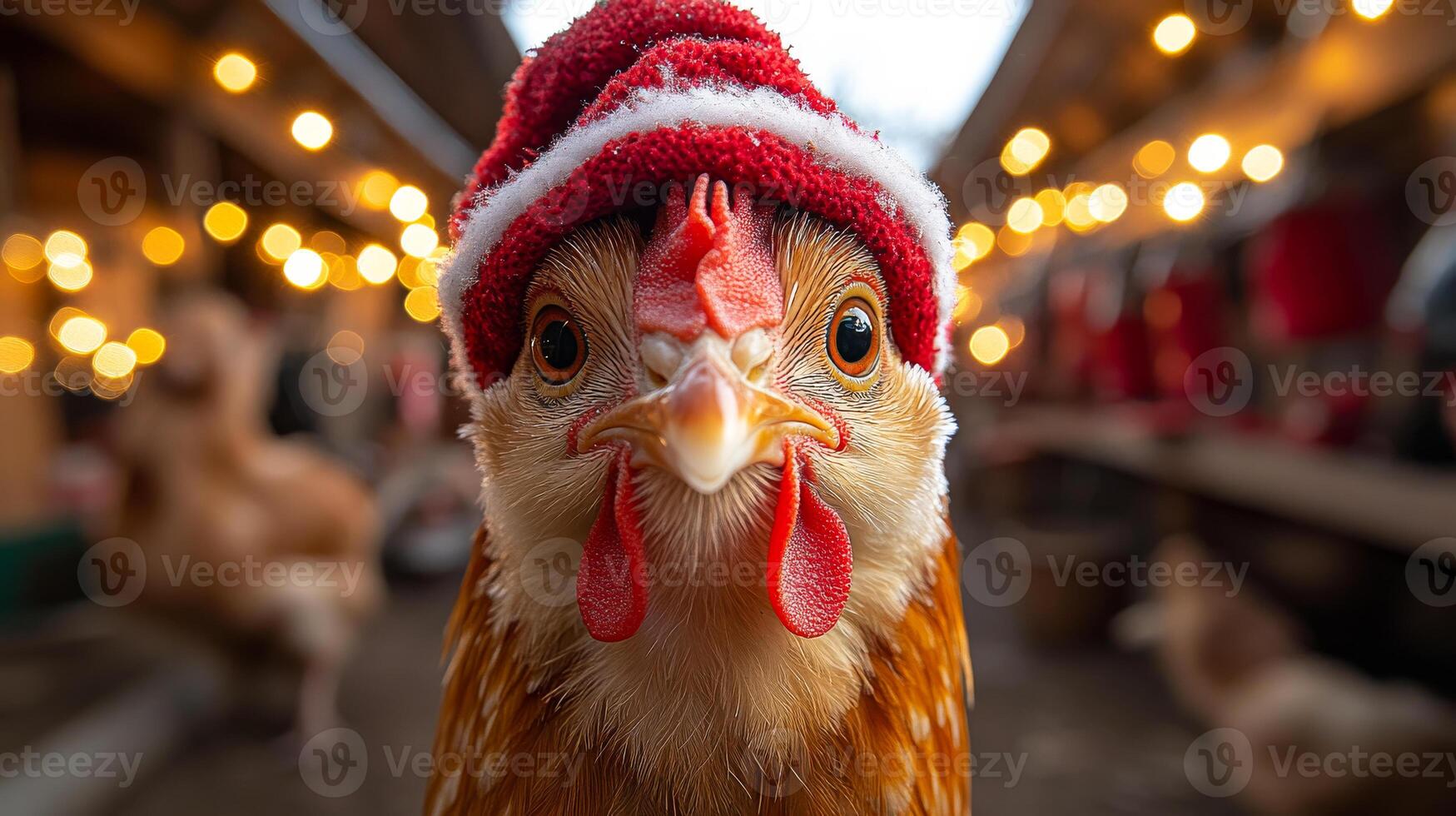A chicken wearing a red hat is standing in a pen. The chicken is looking at the camera photo