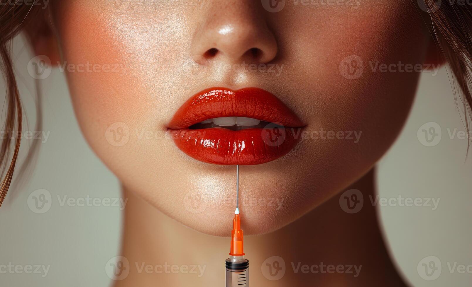 A woman is getting a shot in her lip. The shot is orange and the woman is smiling photo