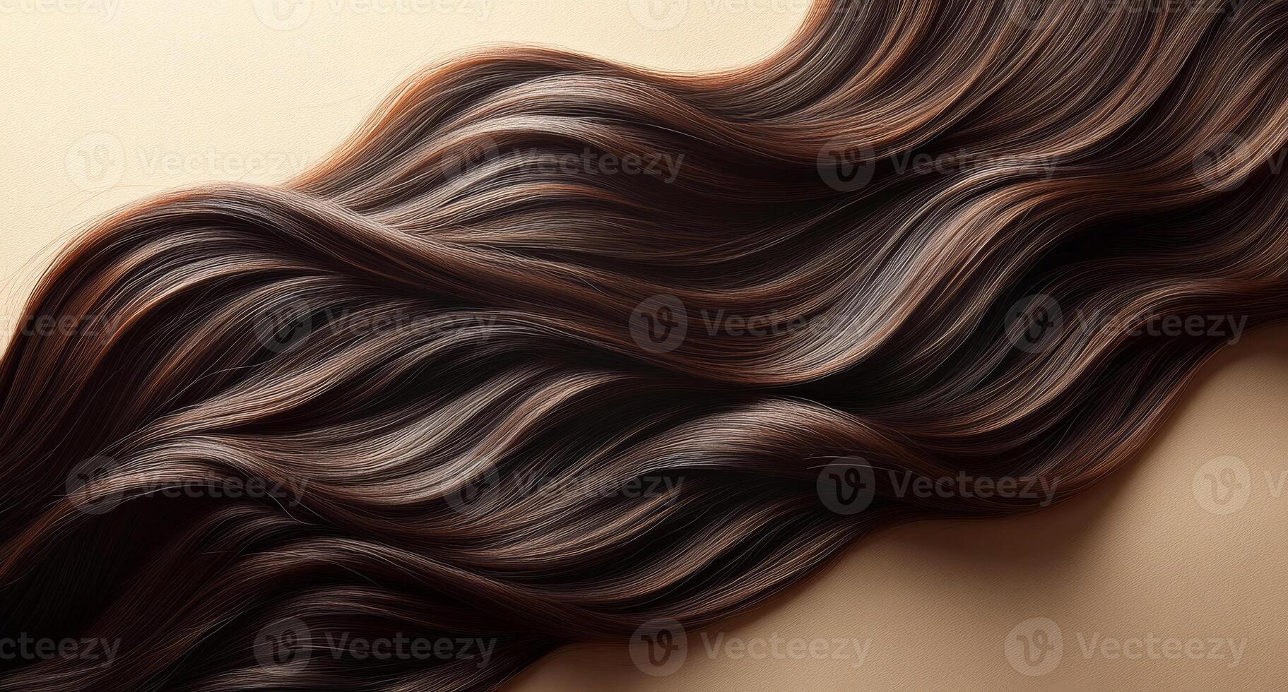 A long, curly mane of brown hair. The hair is styled in a way that it is flowing and has a natural, relaxed look. Scene is one of beauty and elegance photo