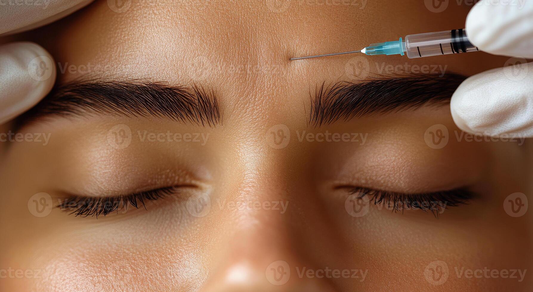 A woman is getting a shot in her face. The woman is wearing gloves and the doctor is holding a syringe photo