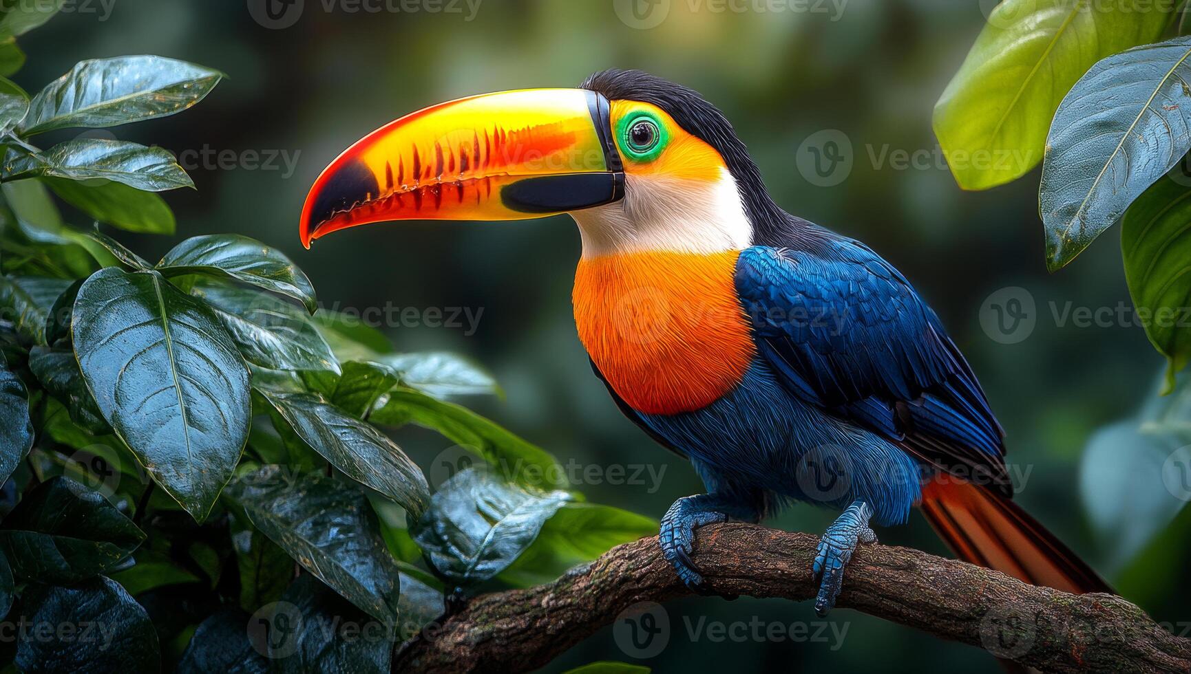 A colorful bird with a long beak is perched on a branch in a lush green forest. The bird's bright colors and the vibrant green leaves create a sense of life and energy in the scene photo