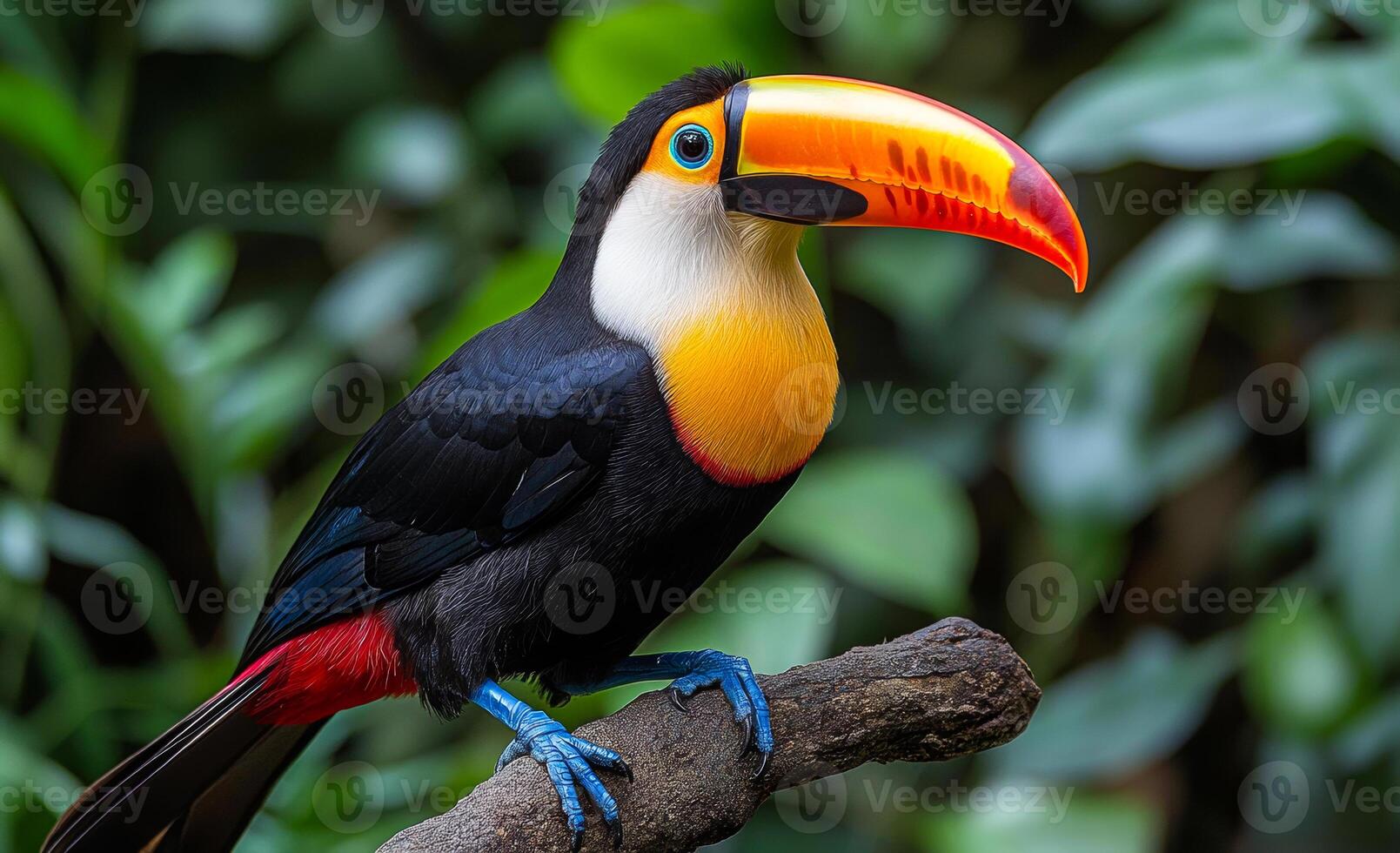 A colorful bird with a long beak is perched on a branch. The bird is black and yellow, with a red beak. Concept of vibrancy and life photo