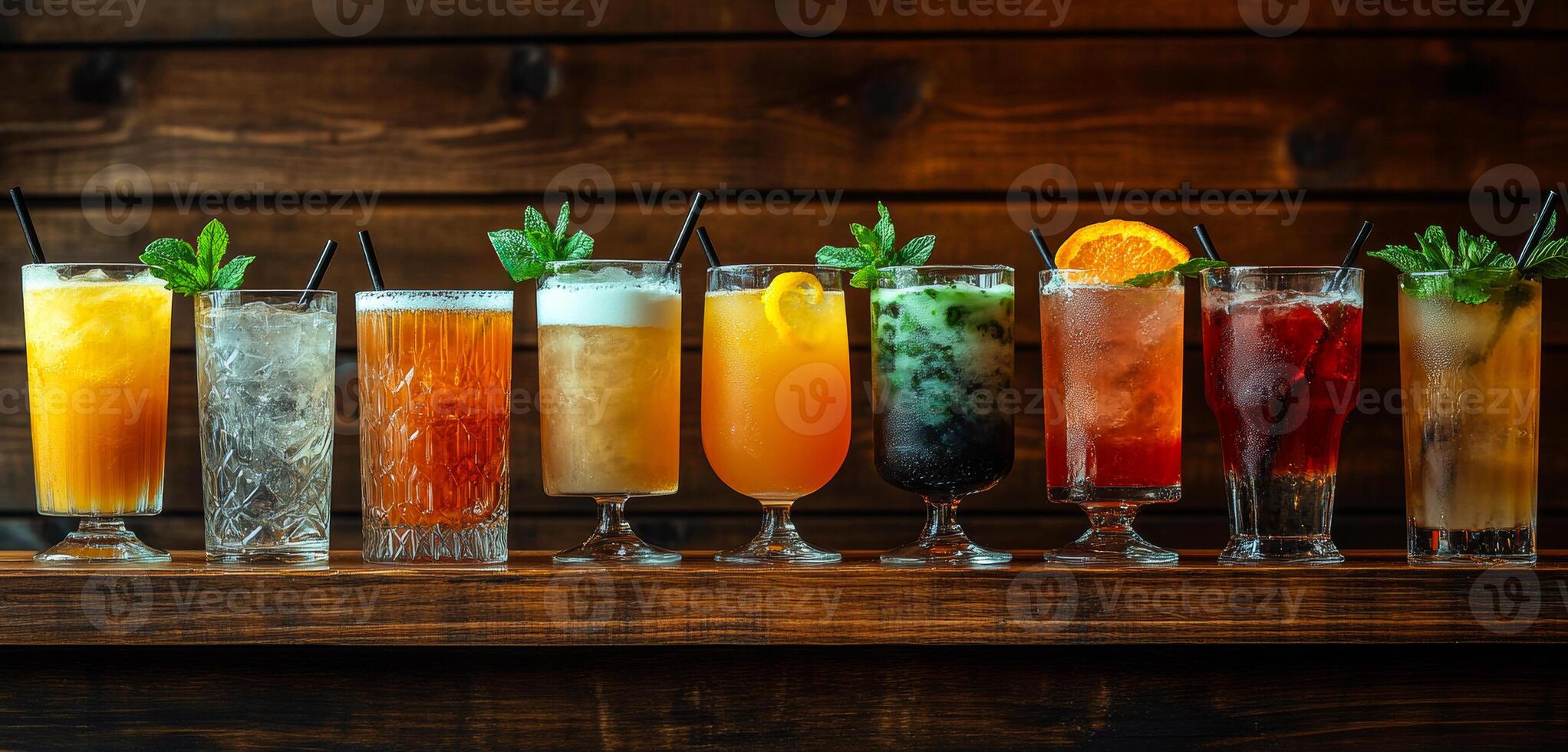 A row of glasses with different colored drinks on a wooden shelf. The drinks include orange juice, tea, and other mixed drinks photo