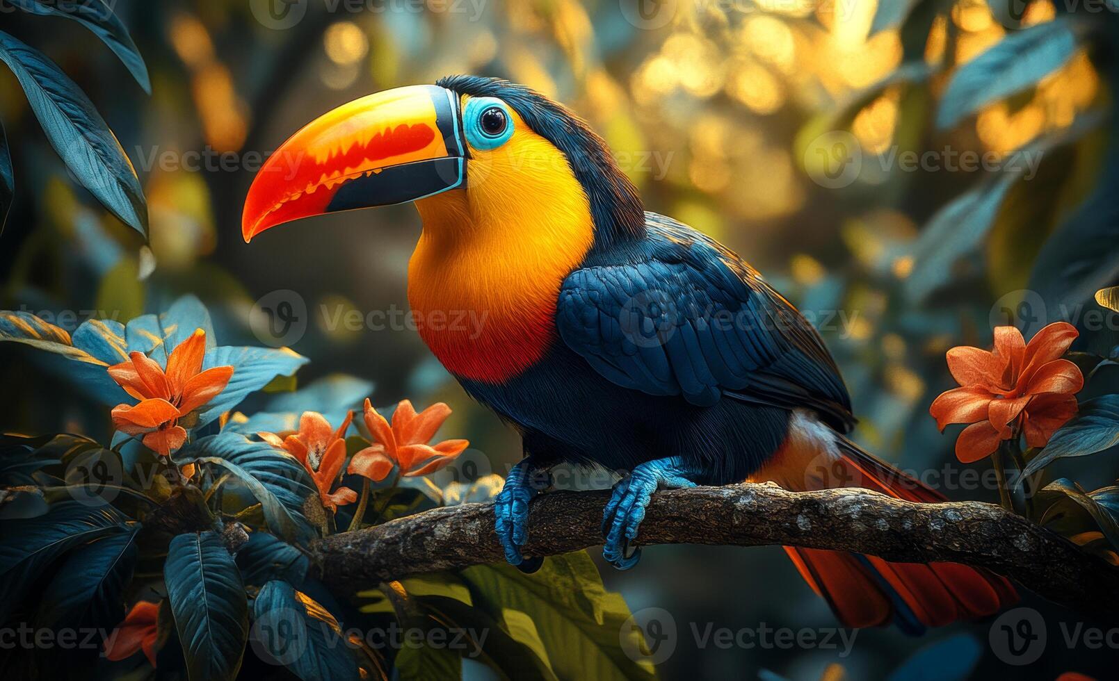 A colorful bird is perched on a branch in a lush green forest. The bird is a toucan, with a bright orange beak and a blue eye. The scene is vibrant and full of life photo