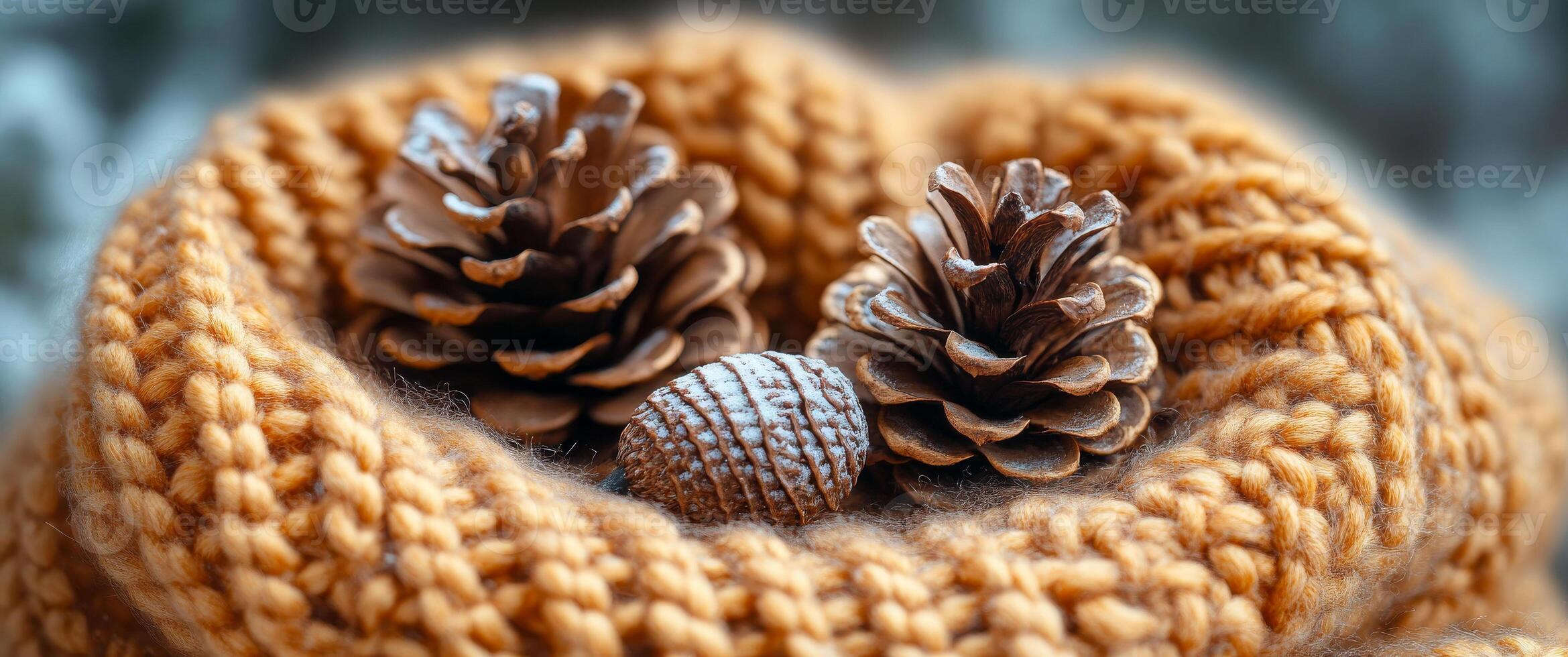 A cozy scene with a knitted hat and pine cones. The pine cones are arranged in a way that they look like they are resting on the hat. Concept of warmth and comfort, as the pine cones photo