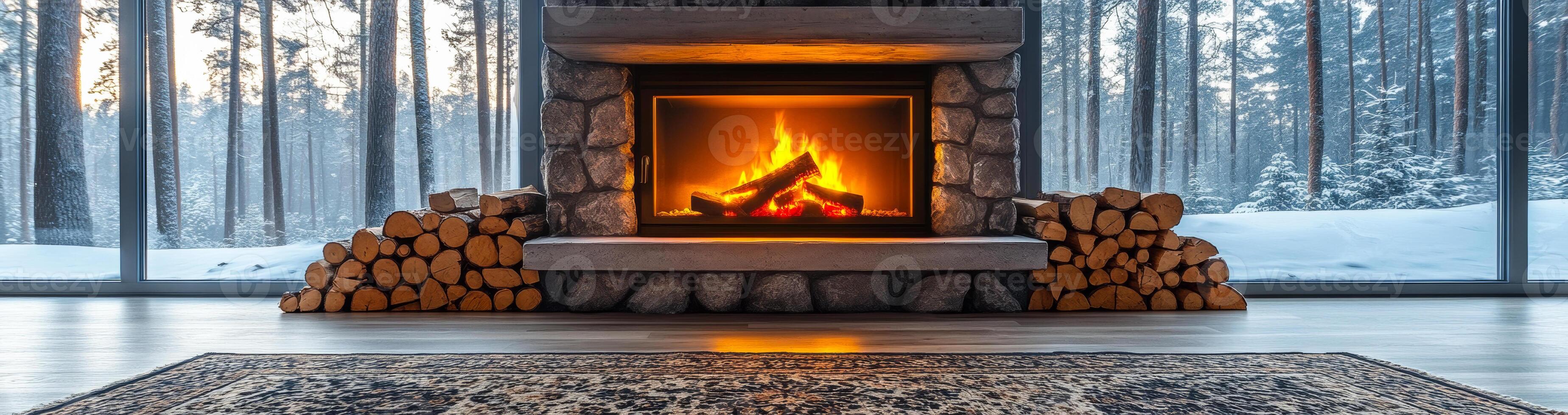 A fireplace with a pile of wood next to it. The fireplace is lit and the room is warm and cozy photo