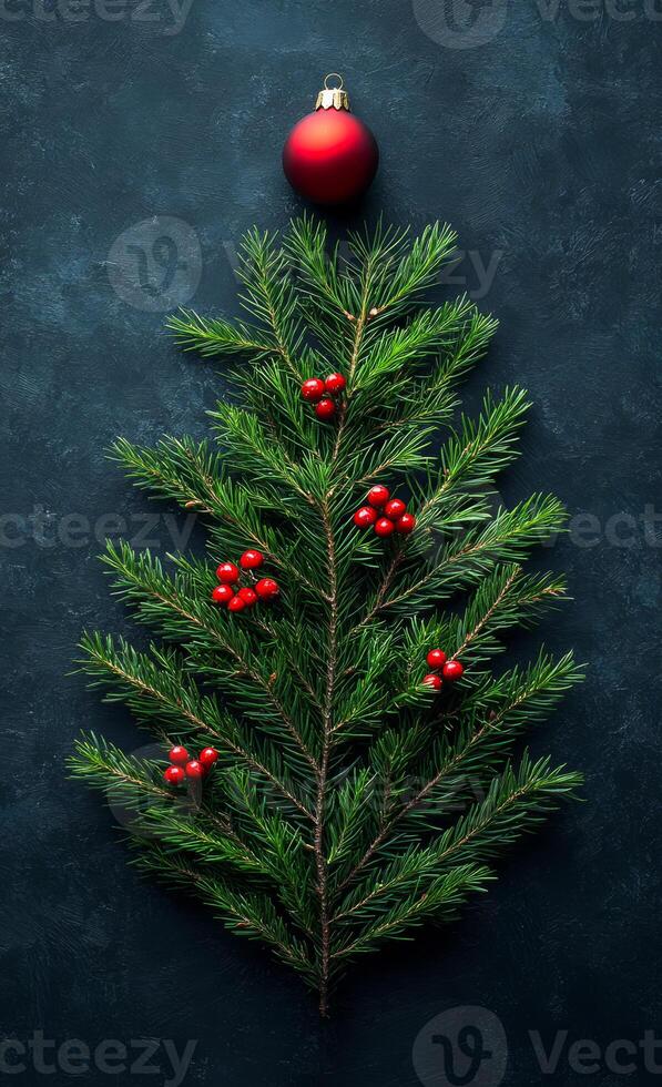 A Christmas tree made of green branches and red berries. The tree is surrounded by a blue background photo