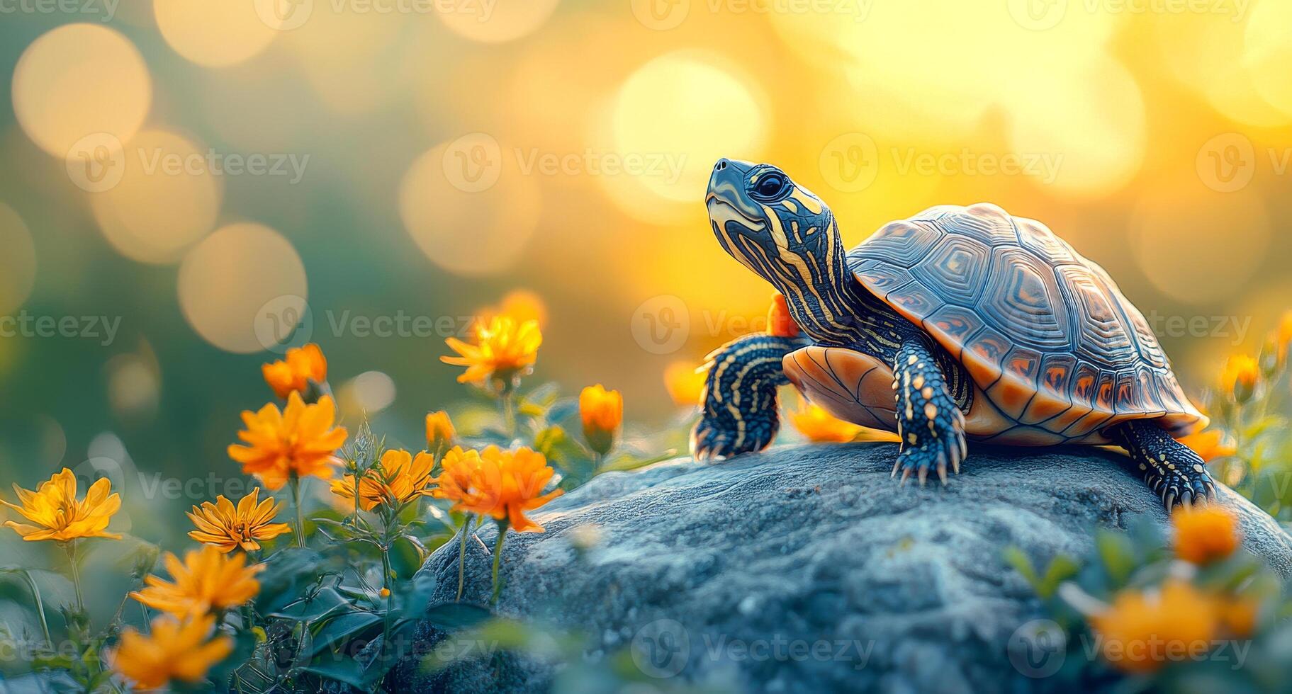 A turtle is sitting on a rock in a field of flowers. The turtle is surrounded by orange flowers, which create a warm and inviting atmosphere. The scene is peaceful and serene photo