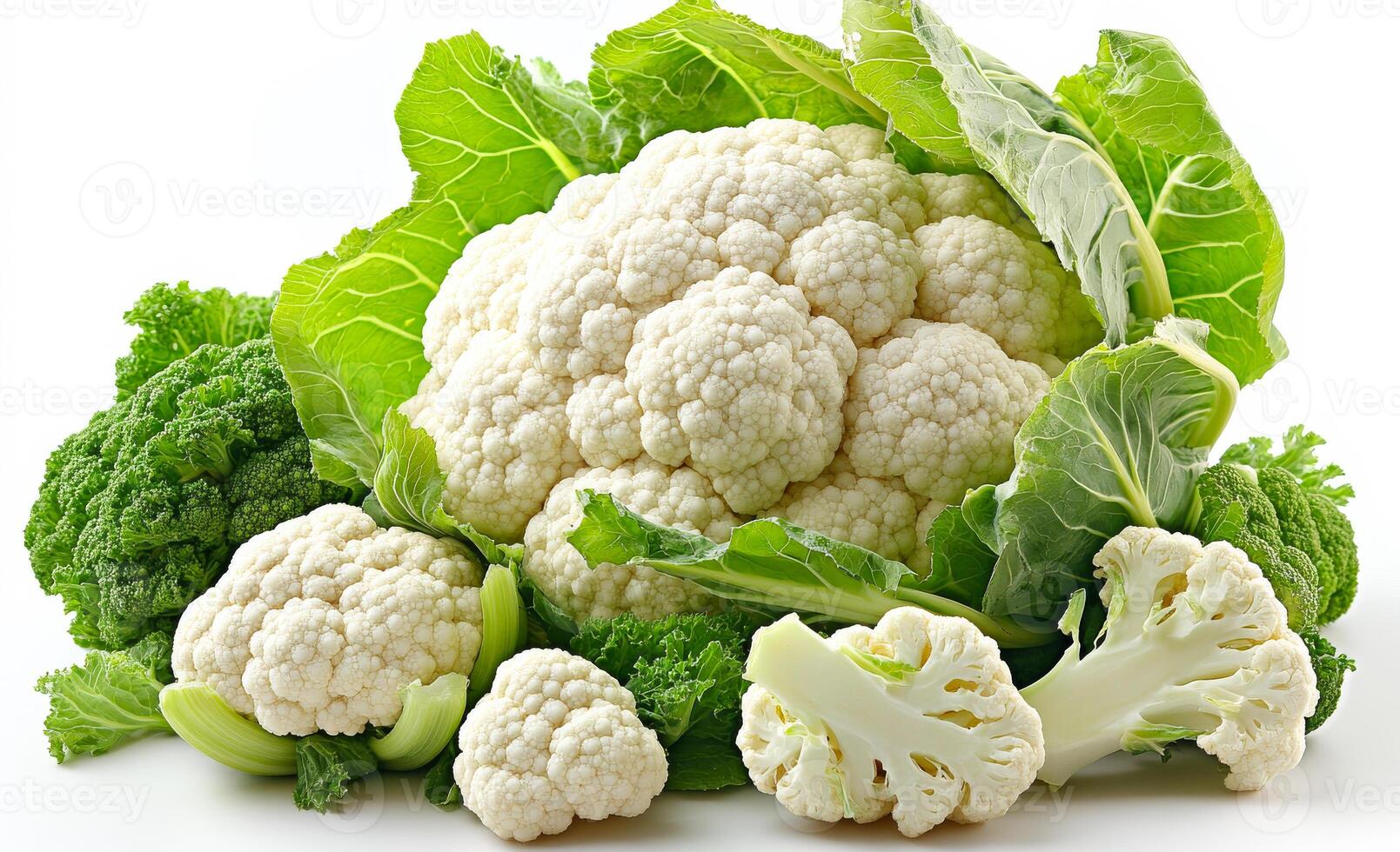 A white cauliflower sits on top of a pile of green vegetables. The cauliflower is surrounded by broccoli, cabbage, and other greens. Concept of freshness and health, as the vegetables are all natural photo