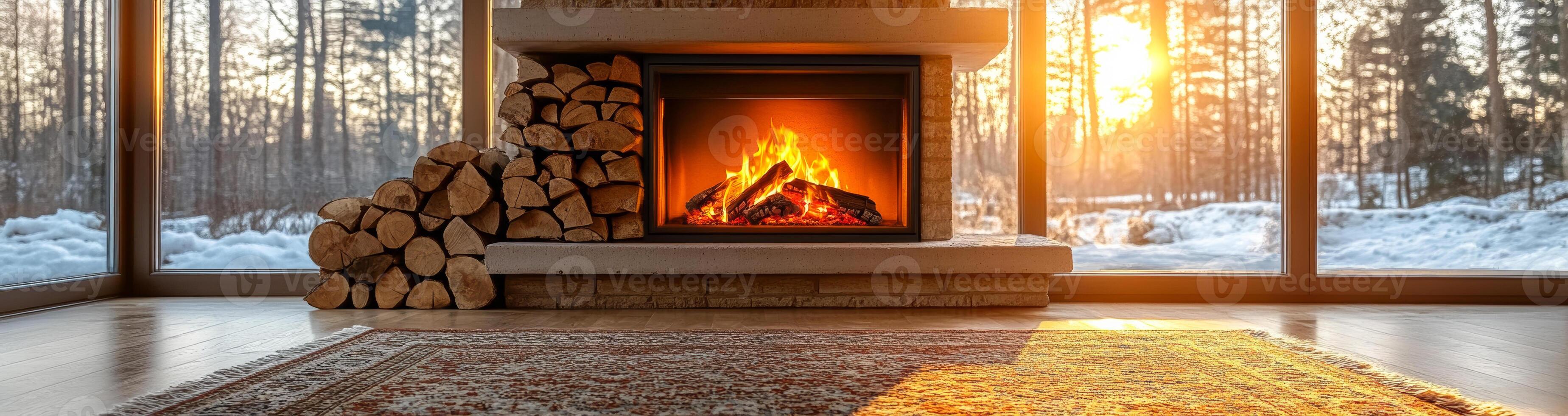 A fireplace with a pile of wood next to it. The fire is burning brightly and the room is warm and cozy photo