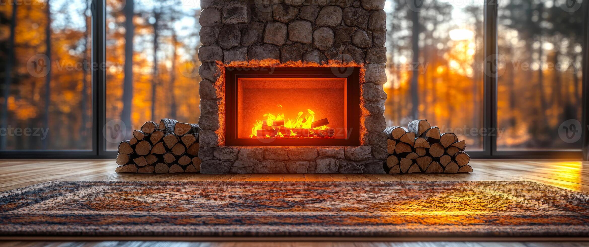 A fireplace with a pile of wood next to it. The fire is burning brightly and the room is warm and cozy photo