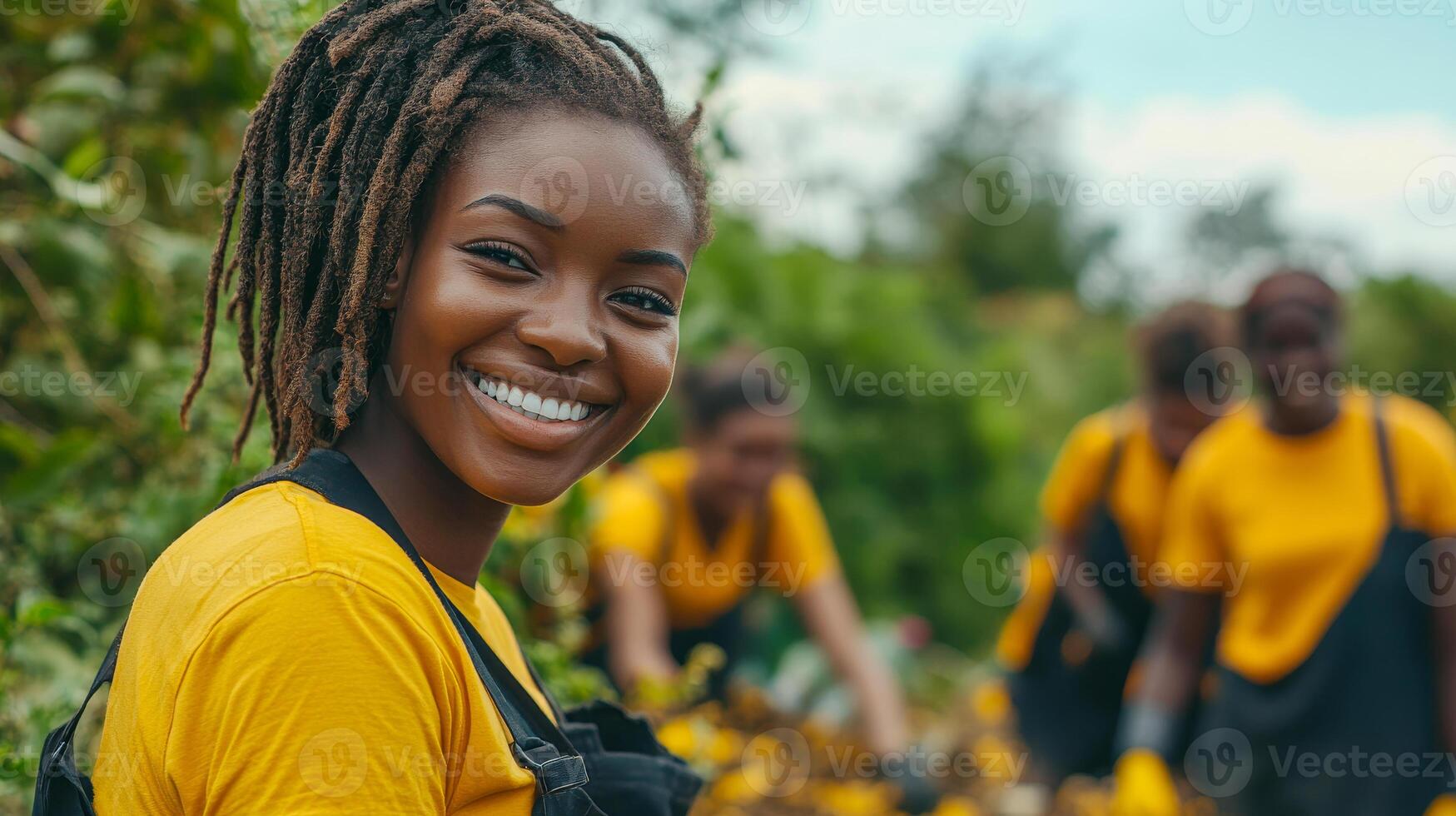 A woman with dreadlocks is smiling and wearing a yellow shirt. She is surrounded by other people who are also wearing yellow shirts. Scene is cheerful and positive photo