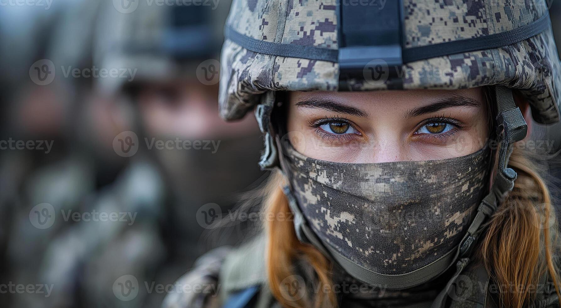 A woman in a camouflage uniform with a scarf around her face. She is looking at the camera photo