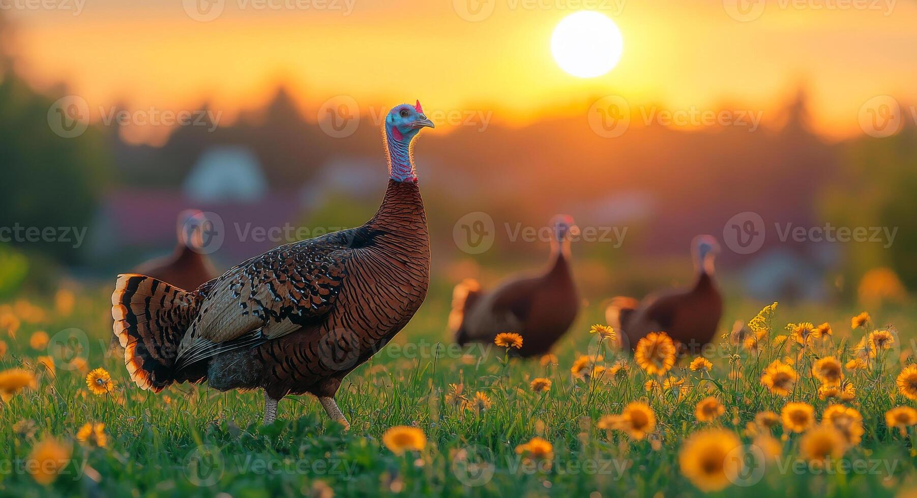 A turkey is standing in a field of yellow flowers. The sun is setting in the background, casting a warm glow over the scene. The turkey is the main focus of the image photo