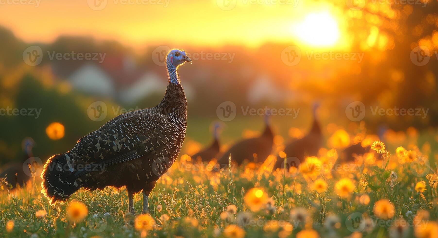 A turkey stands in a field of yellow flowers. The sun is setting in the background, casting a warm glow over the scene. The turkey is the main focus of the image photo