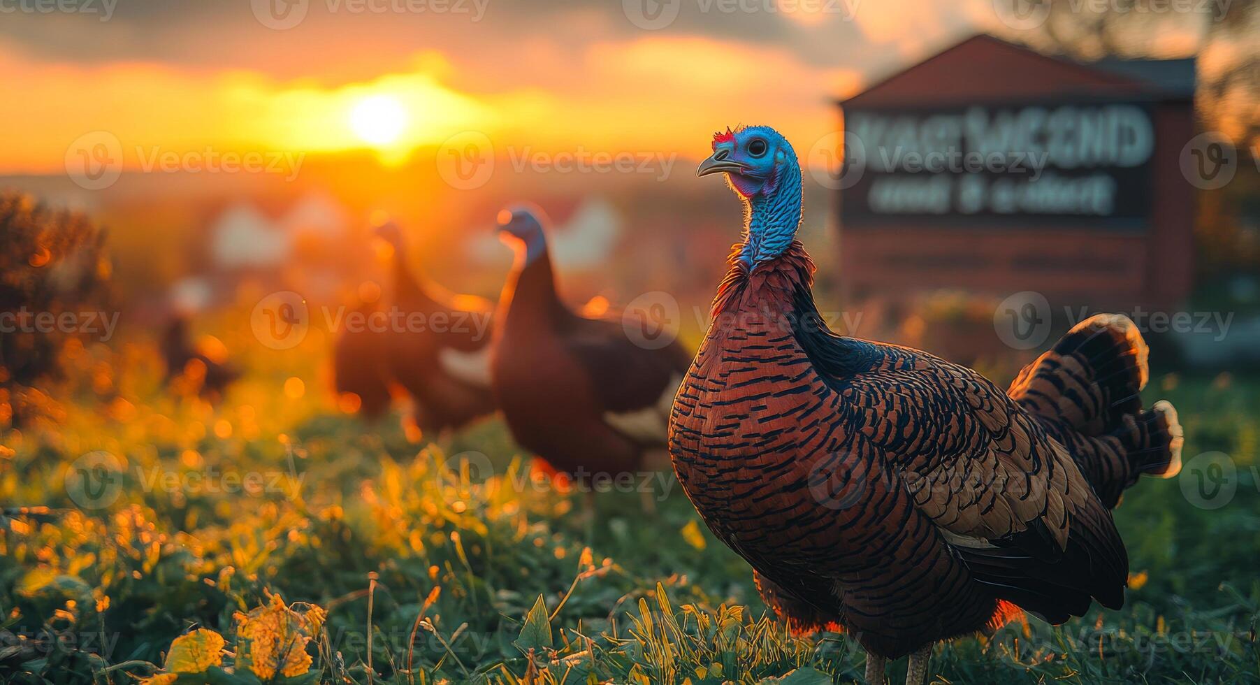 A large turkey stands in front of a sign that says East Week. The sun is setting in the background, creating a warm and peaceful atmosphere photo