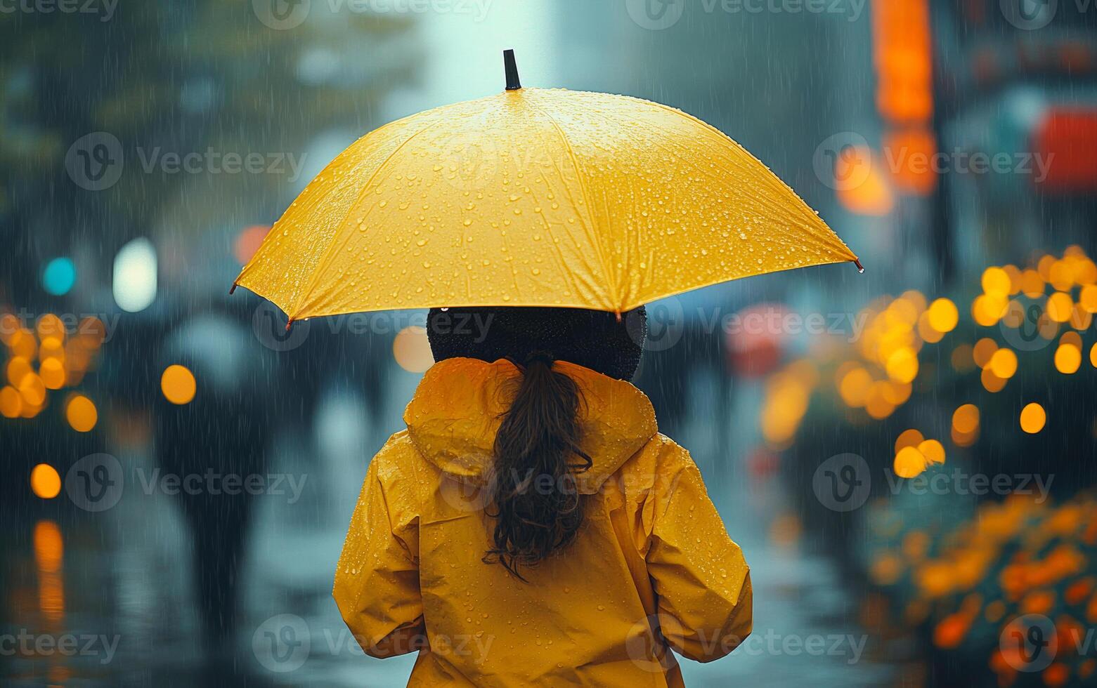 A woman wearing a yellow raincoat is holding an umbrella. The scene is set in a rainy city street with people walking around. Scene is gloomy and wet, as the rain pours down on the city photo