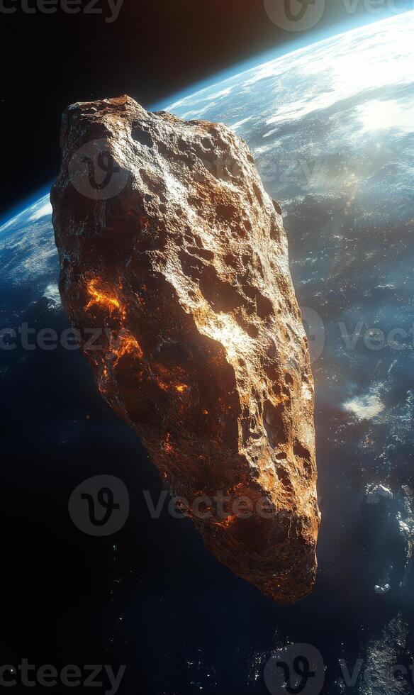 A large rock is floating in space above the Earth. The rock is surrounded by a bright orange glow, indicating that it is on fire. The scene is both beautiful and terrifying photo