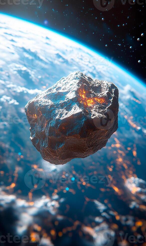 A rock is floating in space above a planet. The rock is surrounded by a bright orange glow, which suggests that it may have recently exploded. The scene is both beautiful and eerie photo