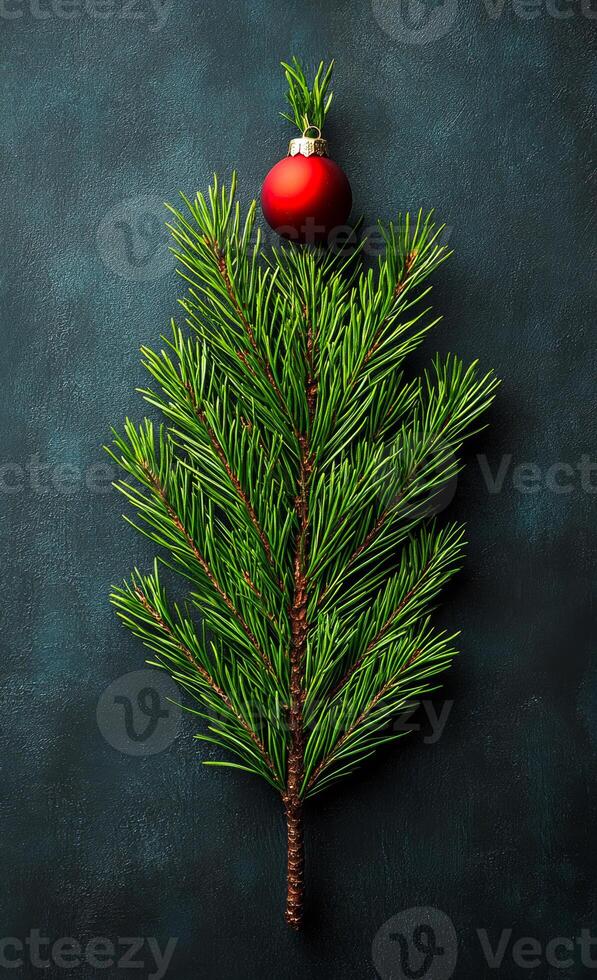 A Christmas tree with a red ornament on top. The tree is made of green branches and the ornament is a red ball photo
