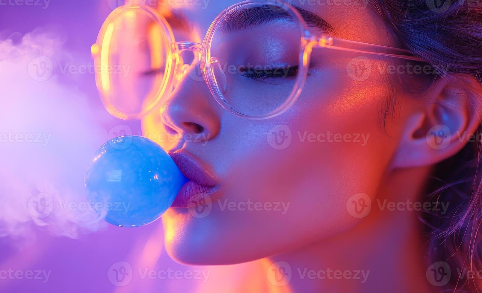 A woman is blowing bubbles with a blue bubblegum. The bubbles are floating in the air and the woman is wearing glasses. The image has a fun and playful mood, as the woman is enjoying a simple activity photo