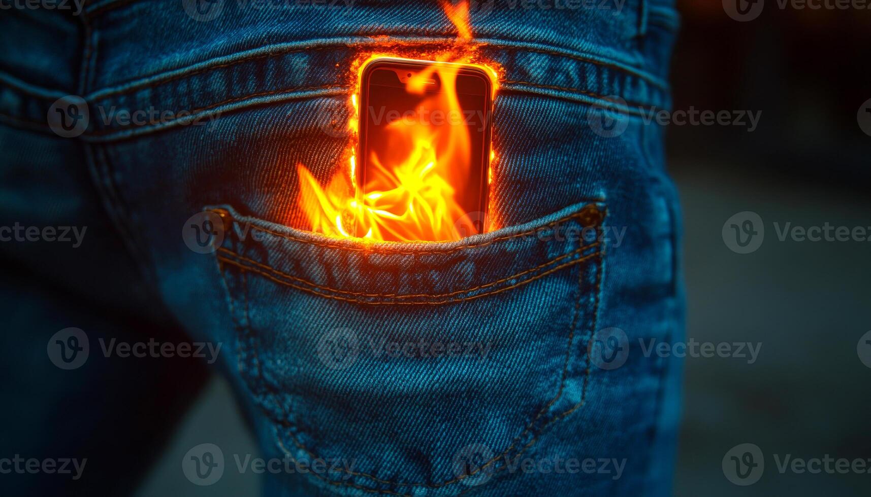 A person's phone is on fire in their pocket. Concept of danger and urgency, as the person's phone is at risk of being destroyed by the fire photo