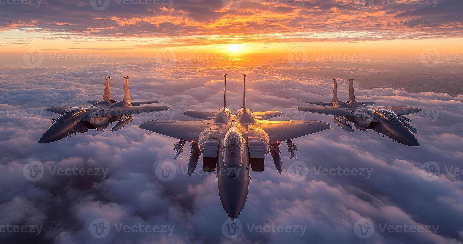 Three fighter jets flying in the sky with a sunset in the background. Scene is one of excitement and adventure, as the planes soar through the clouds and the sun sets in the distance photo