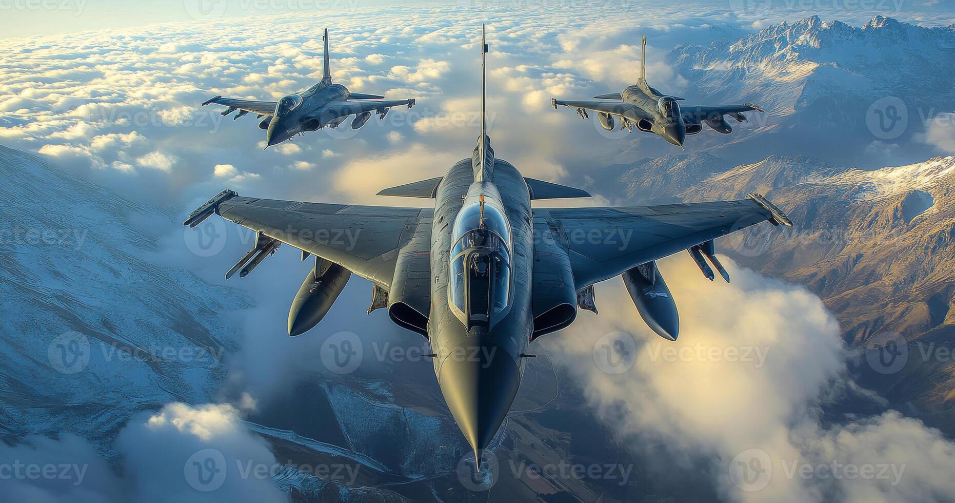 Three fighter jets flying in the sky. The clouds are white and the sky is blue. Scene is intense and powerful photo