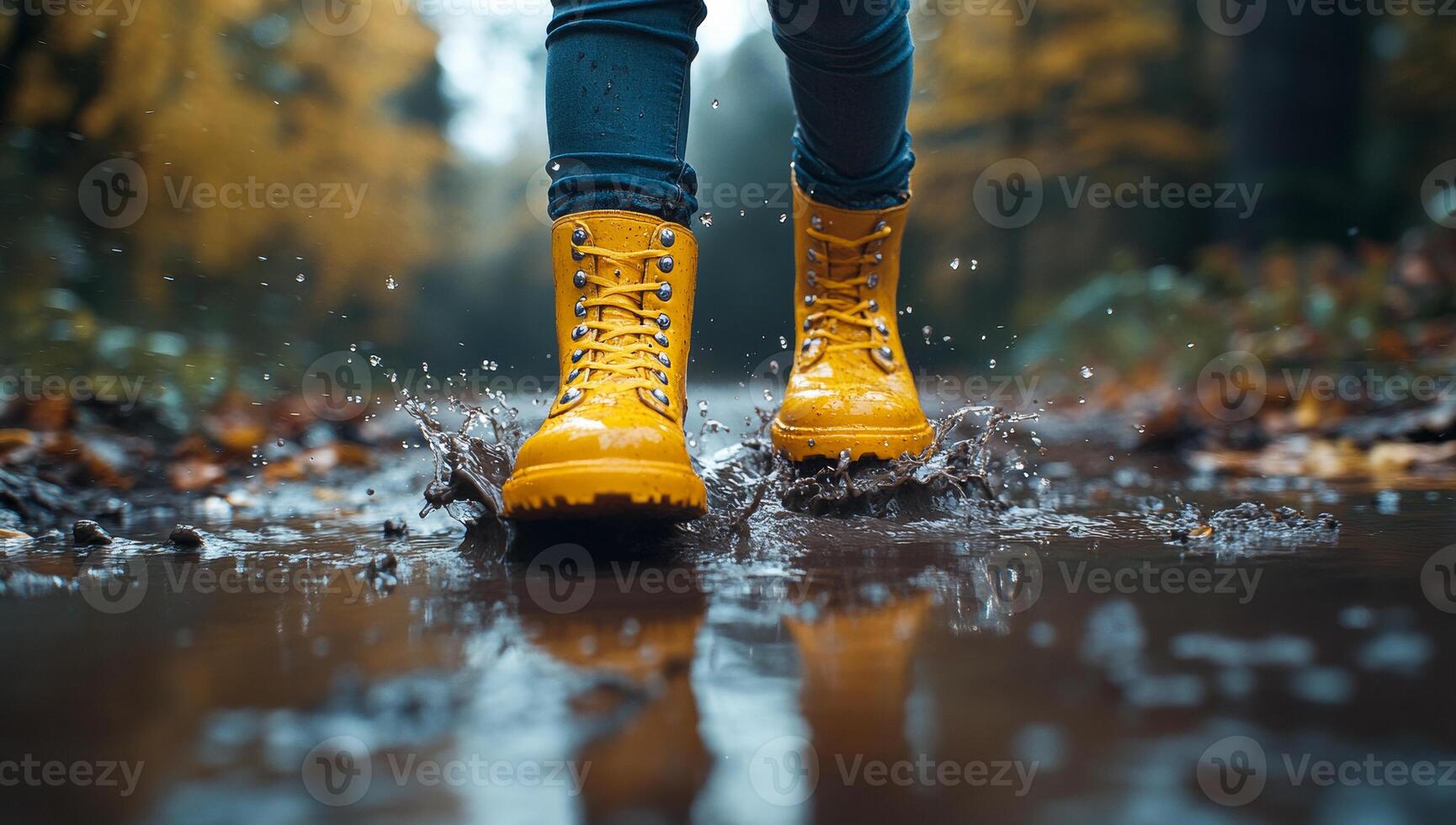 A person in yellow rain boots is walking through a puddle. The puddle is large and deep, and the water is splashing up from the boots. The scene is peaceful and calming, with the sound of the water photo