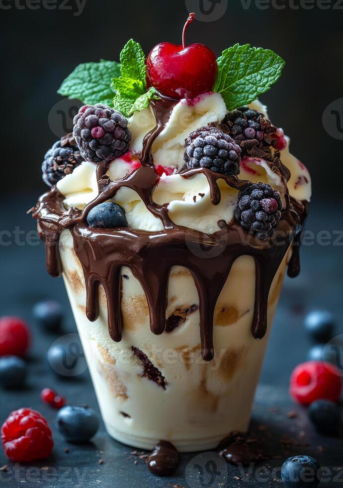 A chocolate and raspberry ice cream sundae with whipped cream and cherries on top. The dessert is served in a cup and is topped with a cherry photo