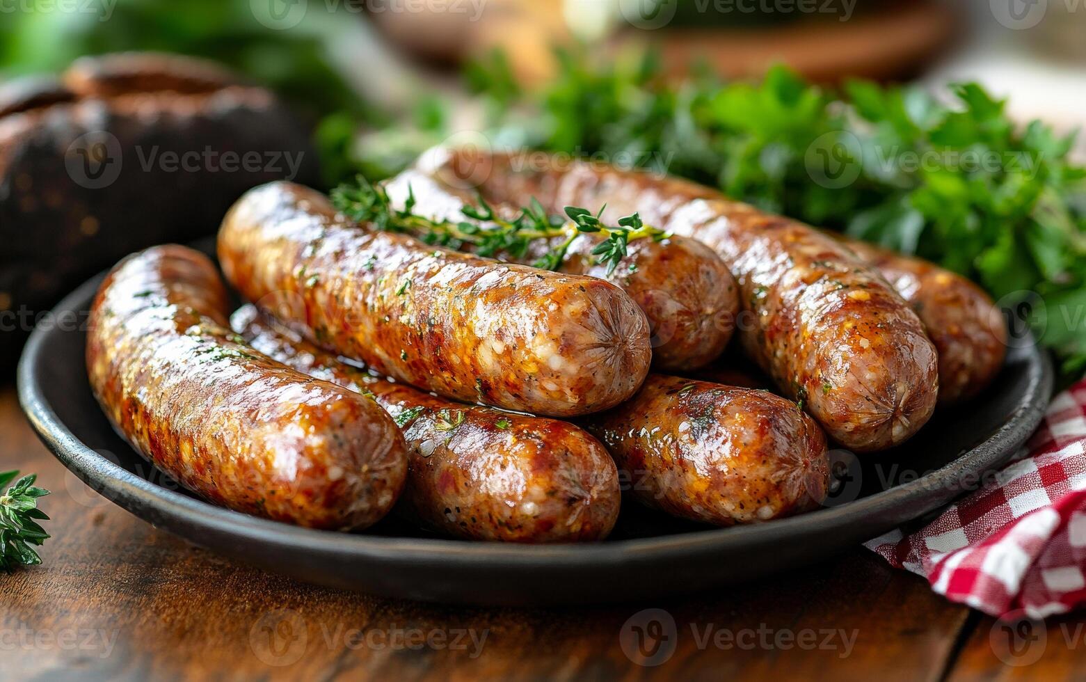 A plate of sausages with herbs on top. The sausages are piled on top of each other and are surrounded by a red and white checkered cloth photo