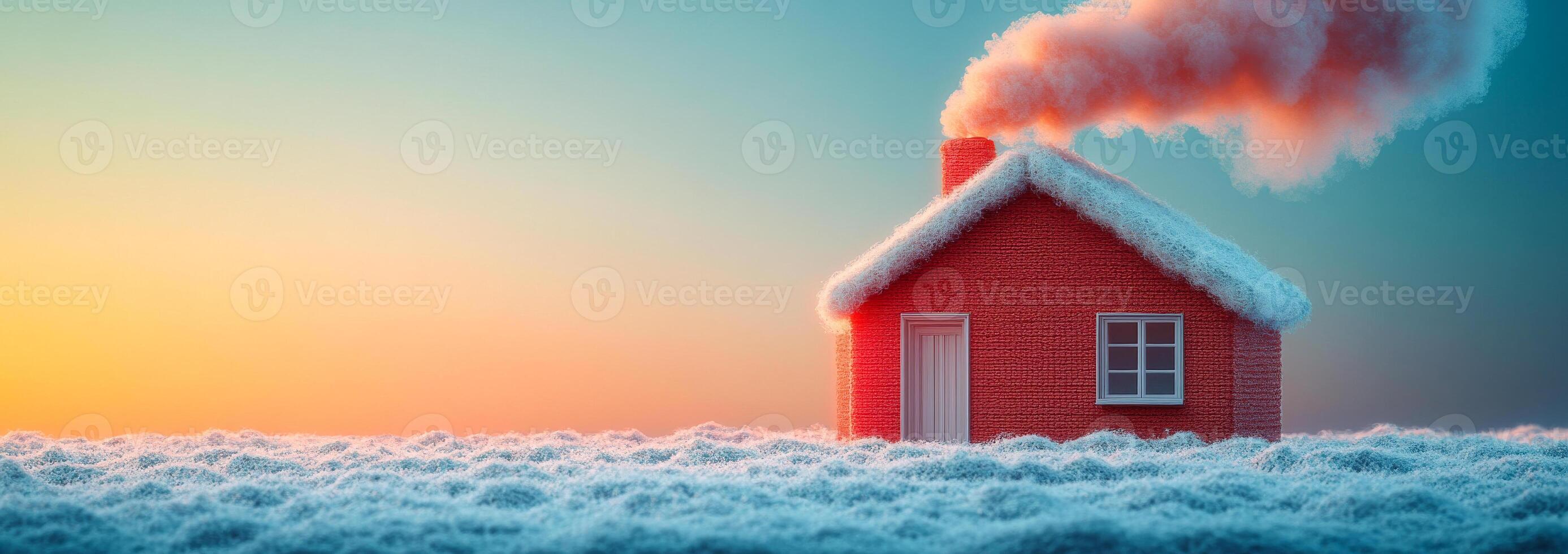 A red house with a chimney is surrounded by snow. The house is small and cozy, and the snow adds to its charm. Concept of comfort and warmth. Warm house photo